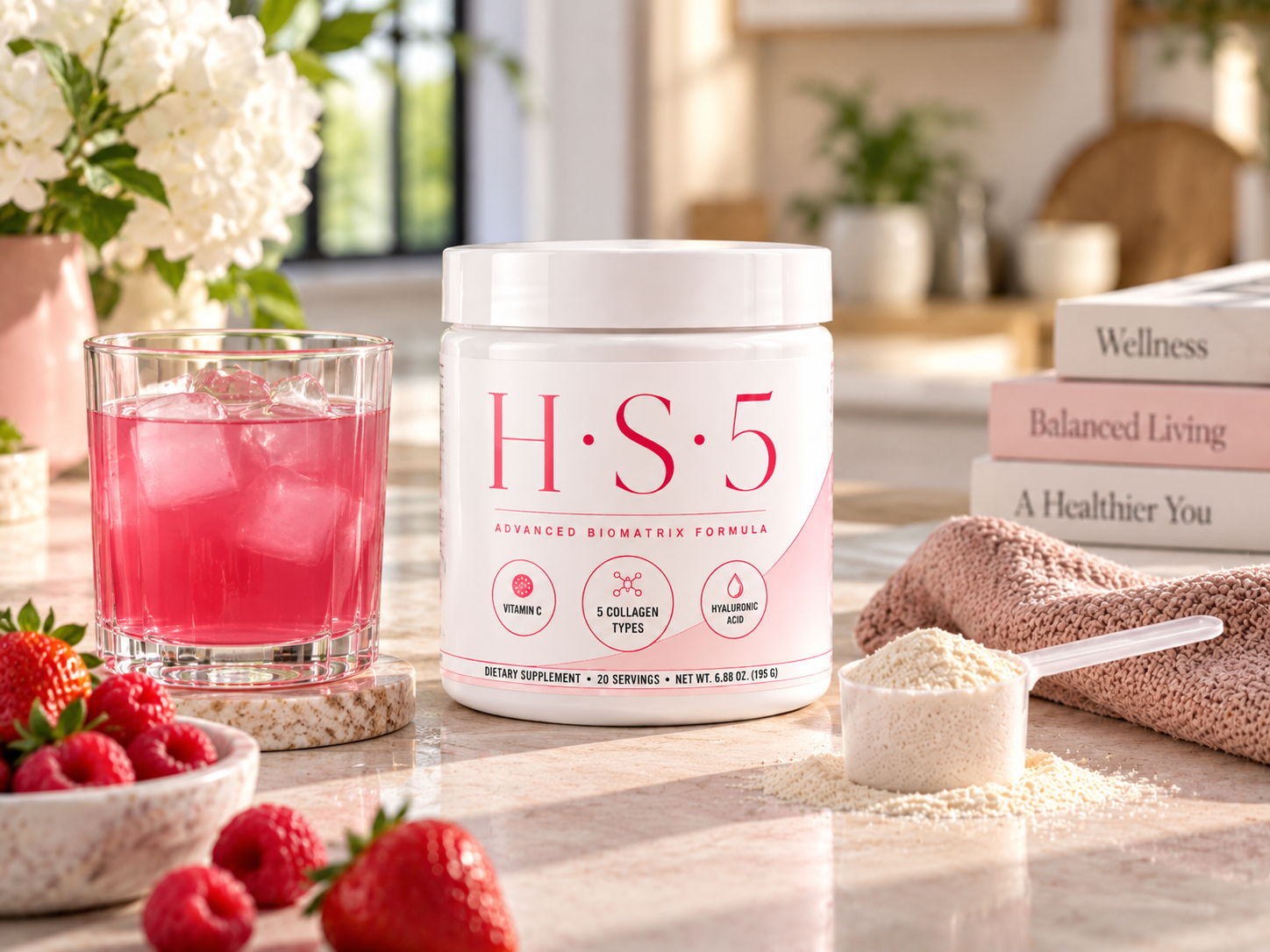 HS5 Advanced BioMatrix Formula jar with scoop and prepared berry drink on a bright premium counter