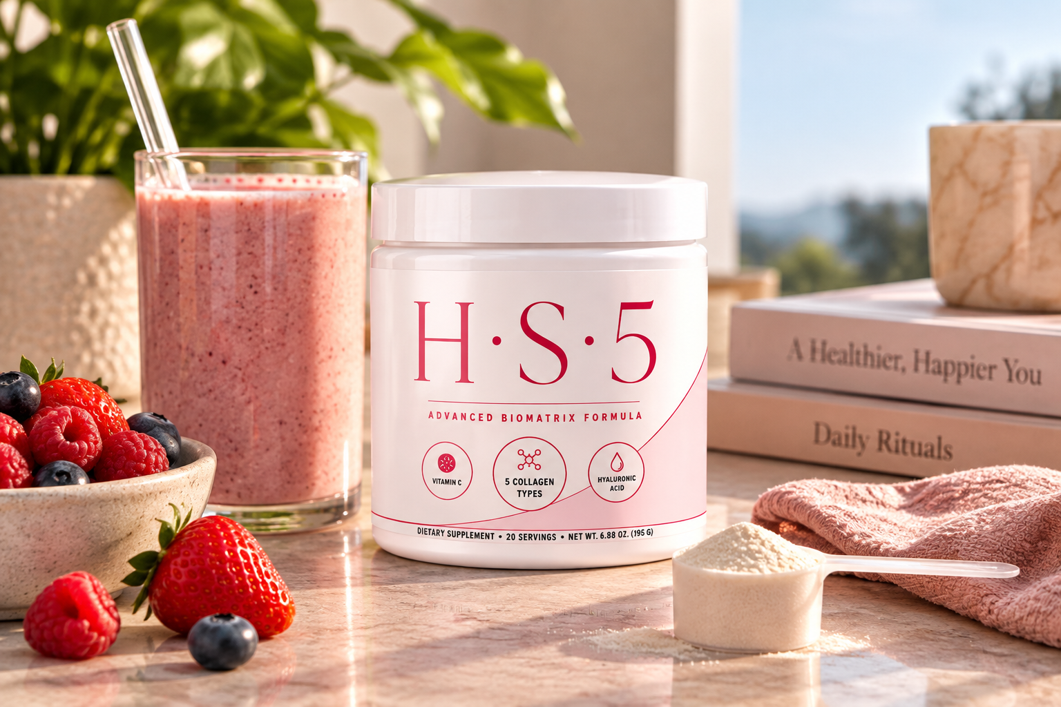 HS5 Multi Collagen jar beside a prepared drink in warm premium morning light