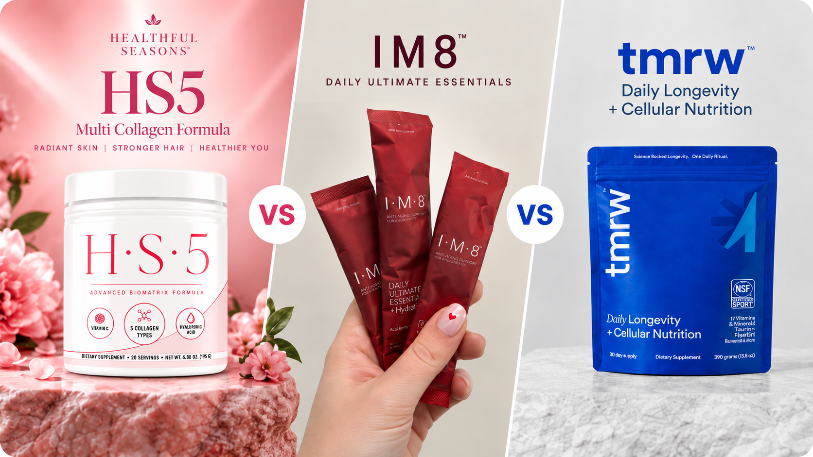 HS5 Multi Collagen Formula jar compared to IM8 Daily Ultimate Essentials sachets and Tmrw Daily Longevity pouch