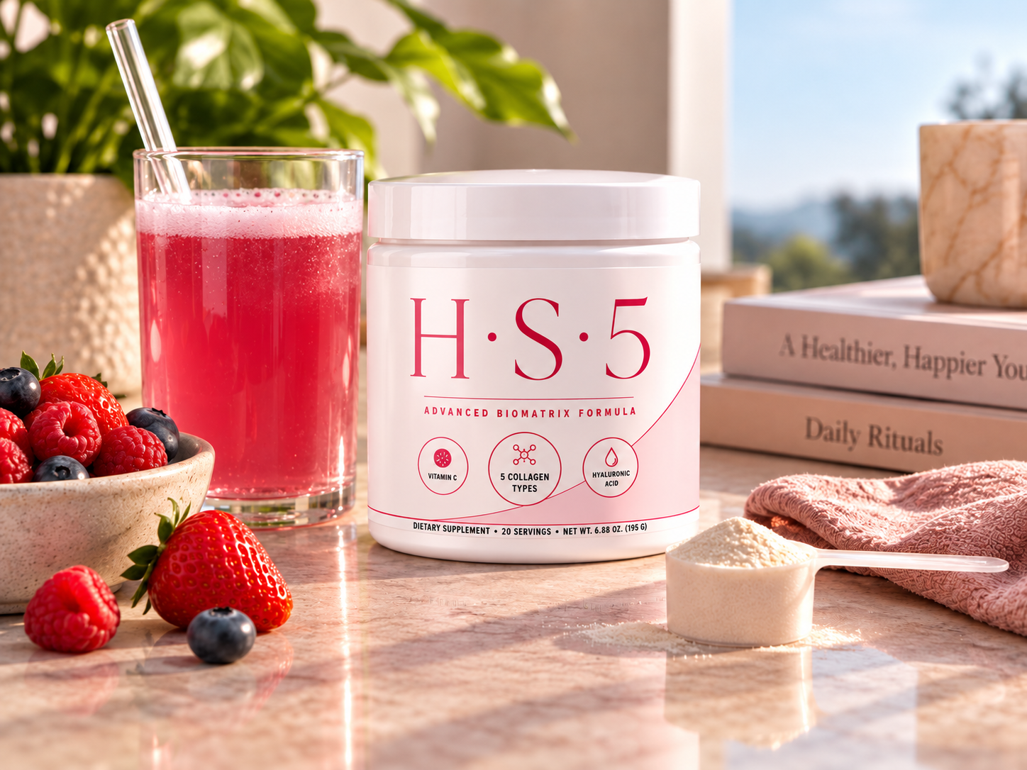 HS5 Multi Collagen jar beside a prepared drink in warm premium morning light