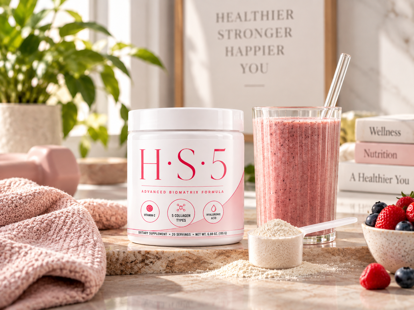 HS5 Advanced BioMatrix Formula jar with scoop and prepared berry drink on a bright premium counter
