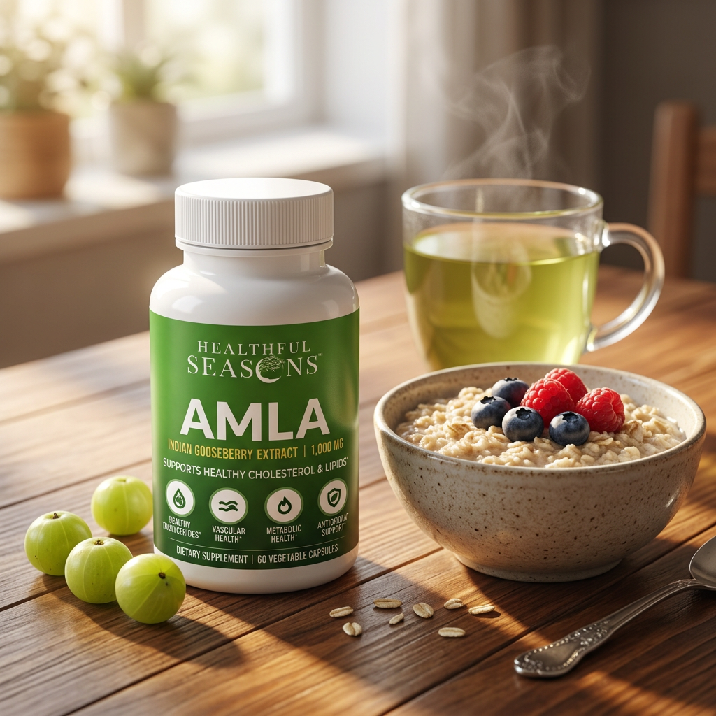 Amla bottle at breakfast beside oatmeal and green tea