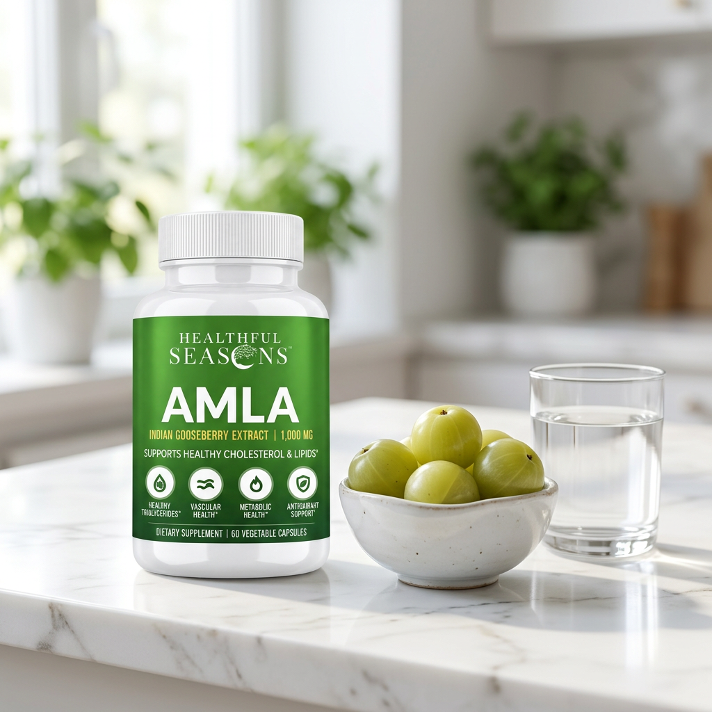 Amla bottle on a kitchen counter beside fresh gooseberries and water