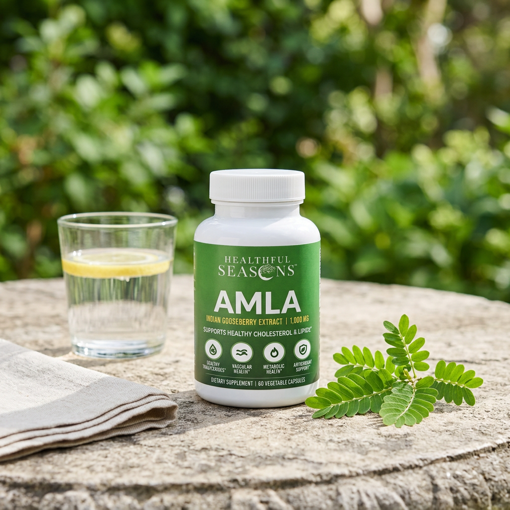 Amla bottle on a sunlit garden table beside lemon water