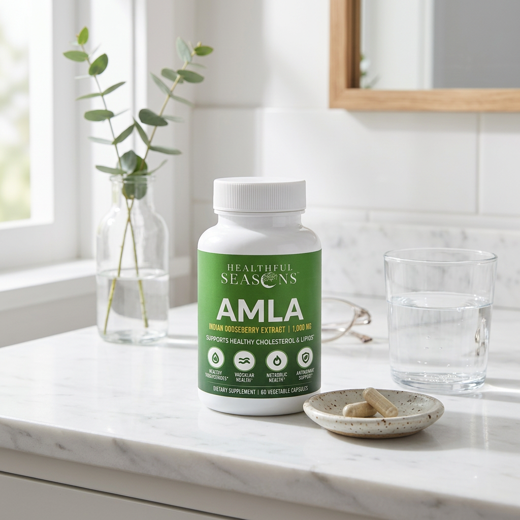 Amla bottle on a bathroom vanity beside capsules and water