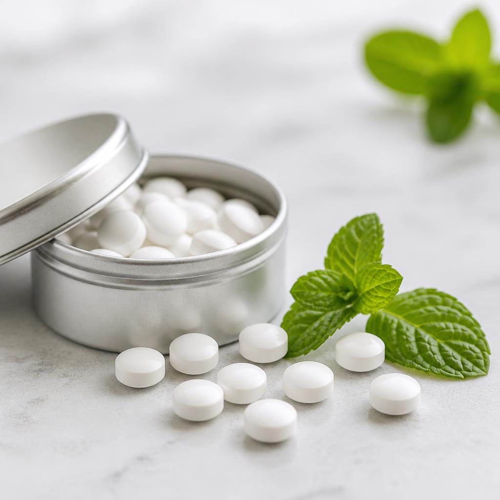 White breath mints in an unbranded tin with fresh mint leaves