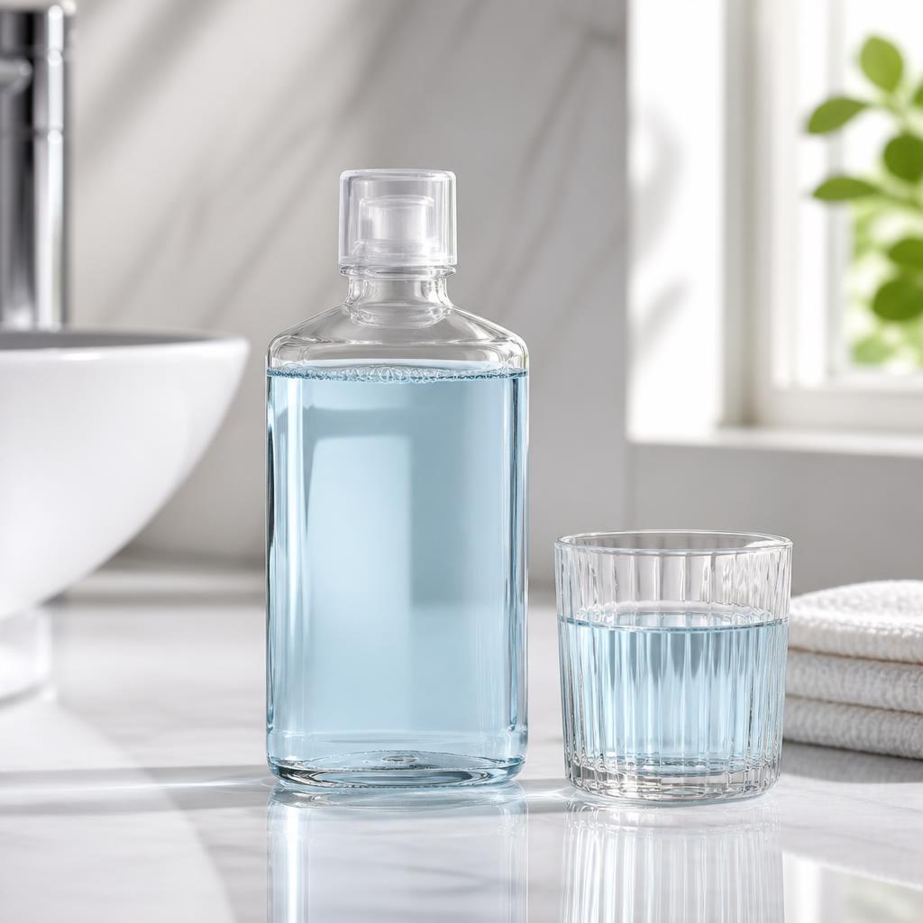 Unbranded bottle of mouthwash and a glass on a bright bathroom counter