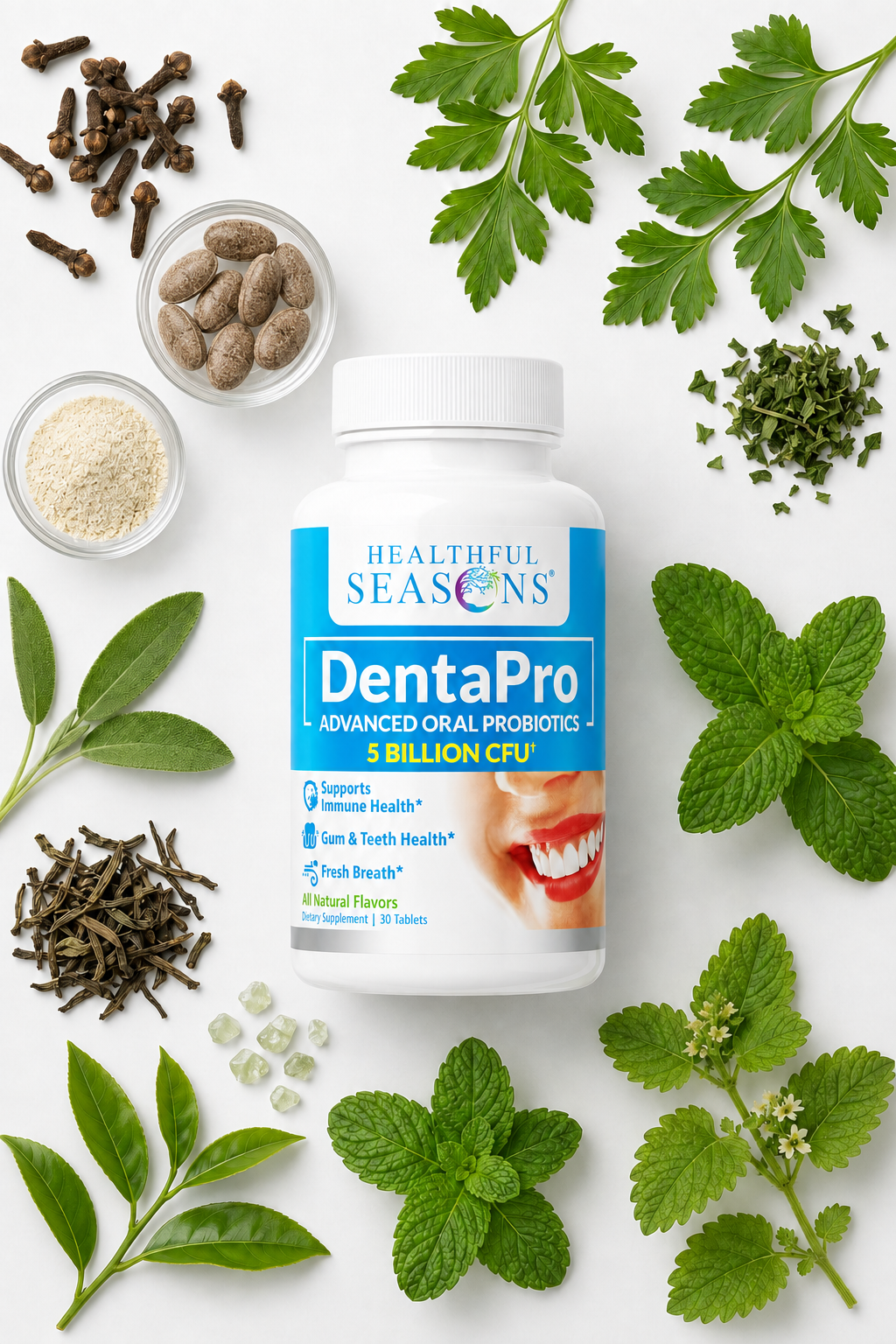 DentaPro advanced oral probiotics bottle surrounded by mint, sage and clove