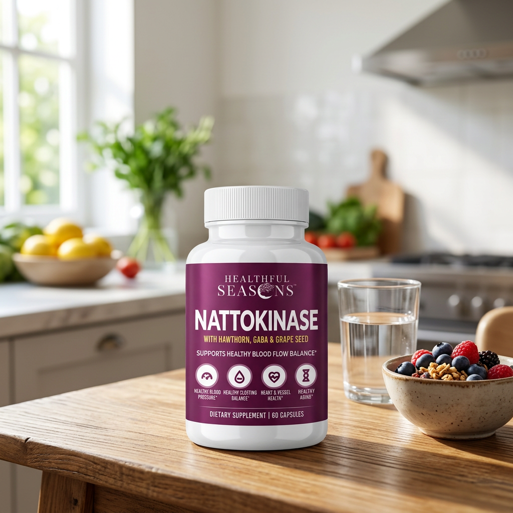 Nattokinase bottle at breakfast beside water and berries