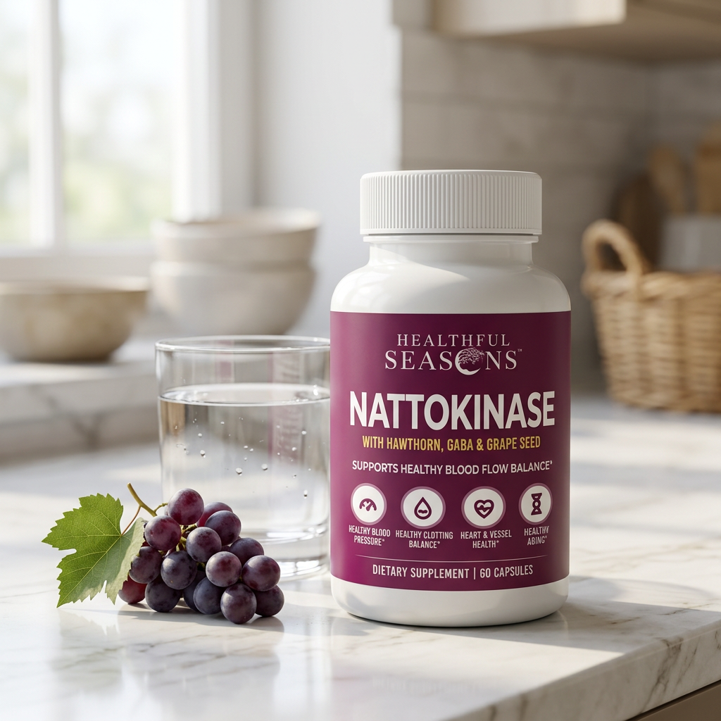 Nattokinase bottle beside purple grapes and a glass of water