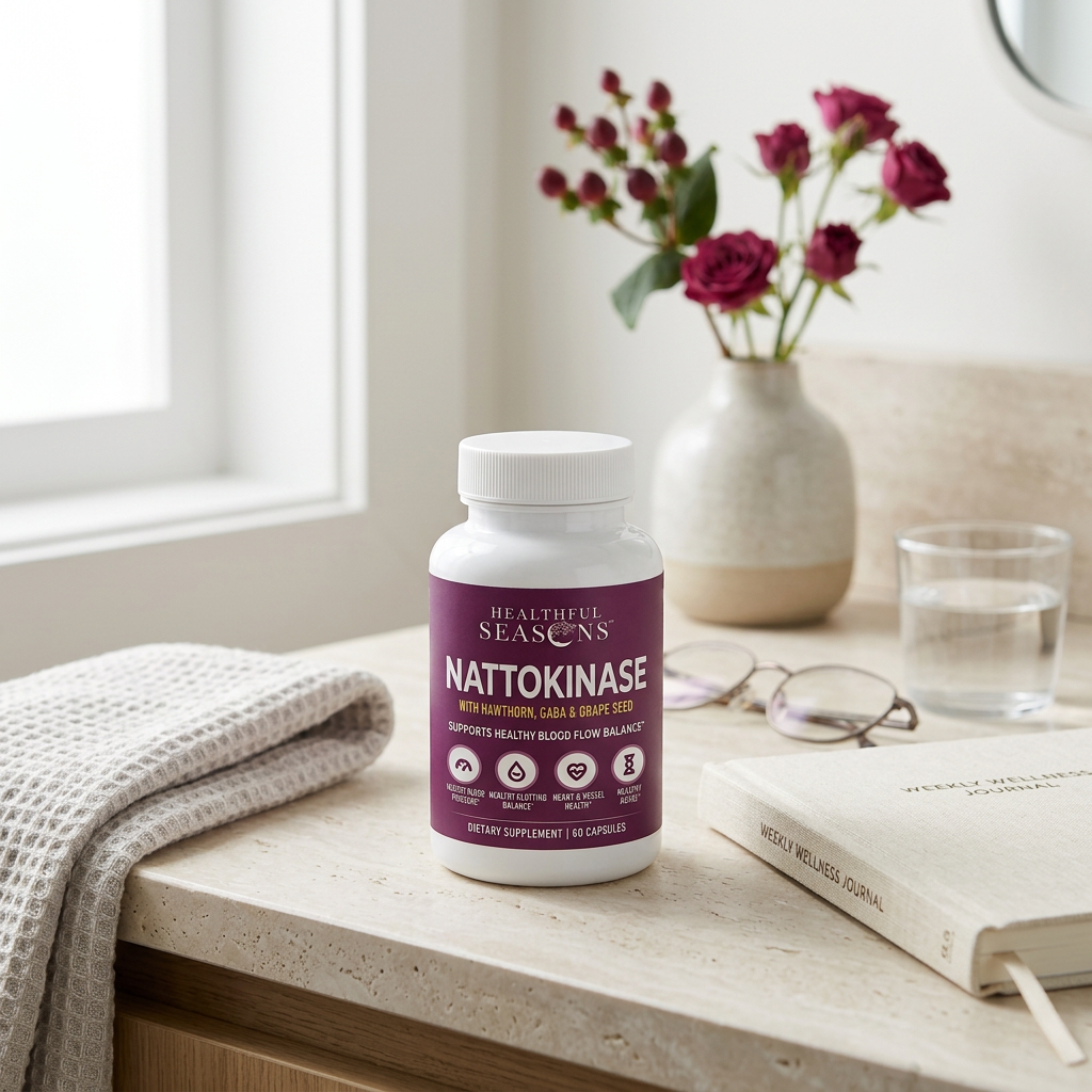 Nattokinase bottle in a bright daily wellness setting