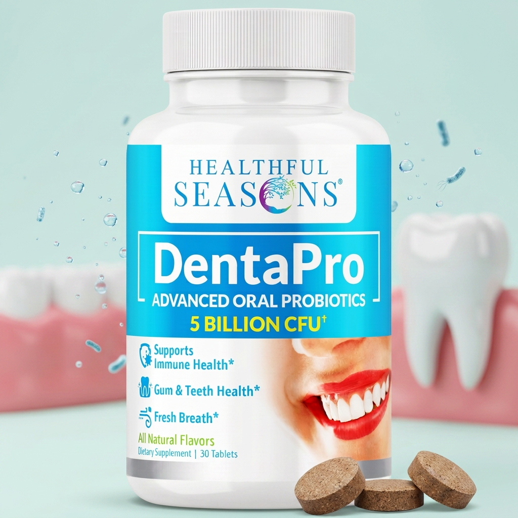 DentaPro oral probiotic bottle with brown chewable tablets, a tooth model and gum tissue
